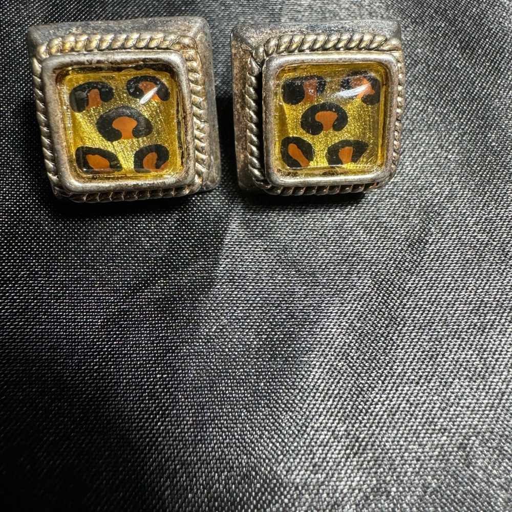 Vintage Animal Print Square Earrings with Silver Border